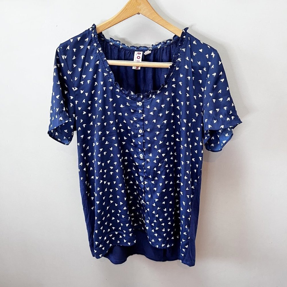 Dolan Blue Short Sleeve Bird Print Blouse- Size M